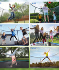 Six Pack Curved Trampoline Replacement Poles Thick Galvanized Steel Upgrades Fit 8 To 16 Foot Backyard Bouncers Rock Solid Rust Proof Outdoor Springy Play Gear in use with children jumping on different sized trampolines.