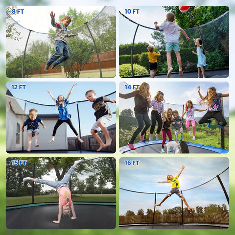 Six Pack Curved Trampoline Replacement Poles Thick Galvanized Steel Upgrades Fit 8 To 16 Foot Backyard Bouncers Rock Solid Rust Proof Outdoor Springy Play Gear in use with children jumping on different sized trampolines.