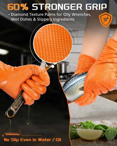 Orange nitrile gloves with raised diamond texture grip, heavy-duty 9 mil, latex-free for work and food prep, XL
