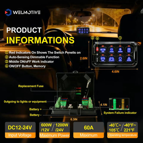Diagram of 8 Gang Switch Panel With Auto Dimmable LED Touch Control And Memory Function, showing dimensions and features.