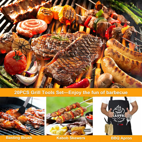 Outdoor barbecue with 20 Piece Grilling Accessories Set For Outdoor Barbecue With Apron And Carry Bag Includes Long Spatula Tongs Fork Basting Brush Kabob Skewers Corn Holders Grill Brush And Knife For Dad, showcasing grilling meats, vegetables, apron, basting brush, kabob skewers.