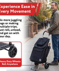 Man using Bigger Trolley Dolly Foldable Black Shopping Cart with heavy-duty wheels on city sidewalk.
