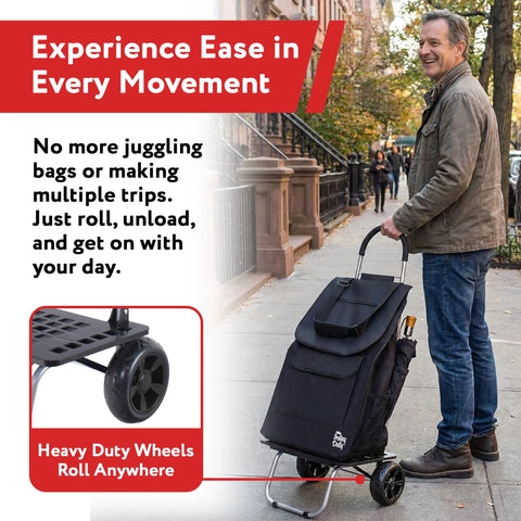 Man using Bigger Trolley Dolly Foldable Black Shopping Cart with heavy-duty wheels on city sidewalk.