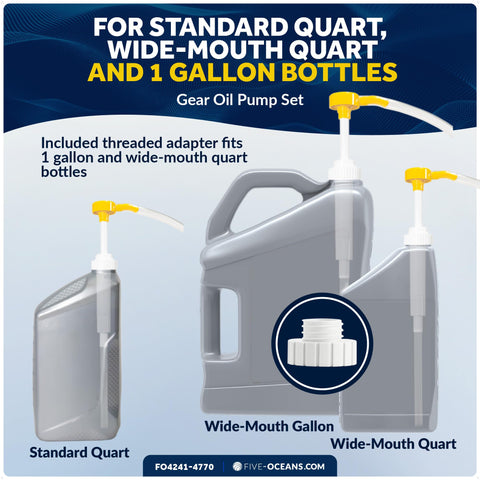 Outboard Motor Flusher And Gear Oil Pump Set With Dual Feed Rectangular Muffs, Universal Marine Maintenance Kit For Easy Engine Flushing And Gear Oil Changes on quart and gallon bottles.