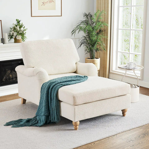 Chaise Lounge Chair With Adjustable Backrest Modern Cozy Chenille Upholstery Sleeper Bed With Rolled Arm For Indoor Use In Bedroom Living Room Study Or Office Beige