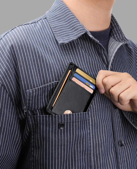 Ultra Slim Front Pocket Wallet With RFID Blocking Leather Card Holder For Men And Women Nine Card Slots Minimalist Design Lightweight Black Everyday Carry held in shirt pocket