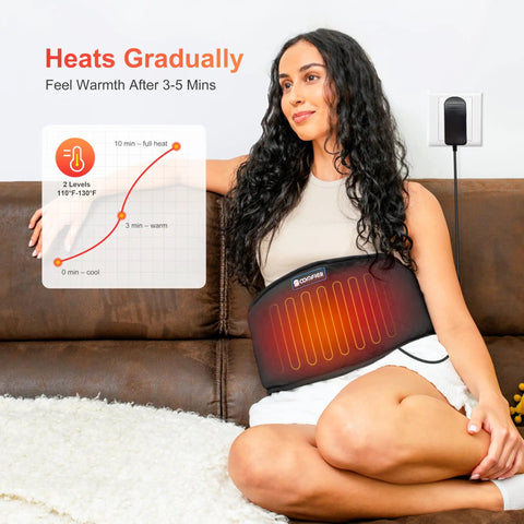 Woman using Plug In Back Heating Pad With Vibration Massager Low Heat And Auto Shut Off Heated Waist Belt for pain relief at home