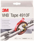 Product packaging of VHB 4910F Clear Double-Sided Acrylic Adhesive Tape, showcasing chain and tape, 19 mm x 3 m, 1.0 mm thick.