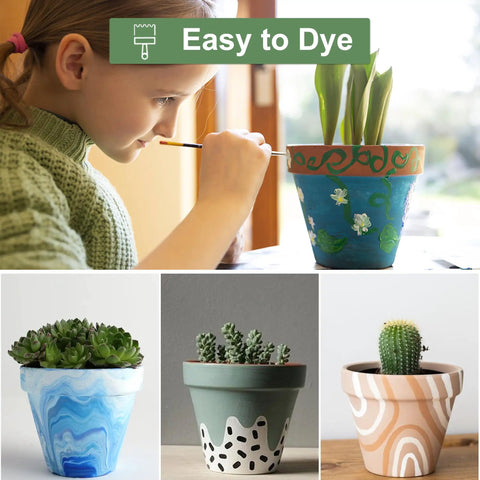 6 Inch Terracotta Clay Pots With Saucers Pack Of Four For Indoor And Outdoor Home Gardens With Drainage Holes And Tray Terracotta Flowerpots For Succulents Cacti And Other Plants, shown painted in various designs