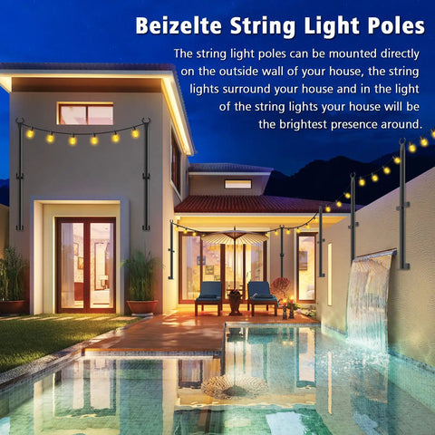 Outdoor patio scene with 2 Pack 5 Ft String Light Poles For Outdoor Use Metal Poles Stand For Patio Backyard And Deck Weatherproof Galvanized Steel Construction Built To Withstand Wind Rain And Corrosion.