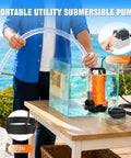 Plug And Play 1Hp Cordless Submersible Utility Pump Flows Like A Dream At 2113 Gph in a clear water tank with hose.