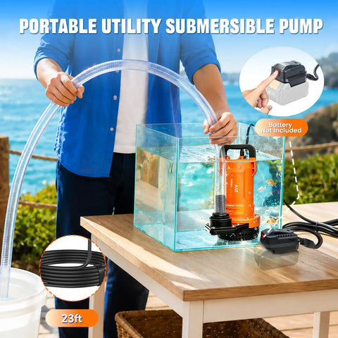 Plug And Play 1Hp Cordless Submersible Utility Pump Flows Like A Dream At 2113 Gph in a clear water tank with hose.
