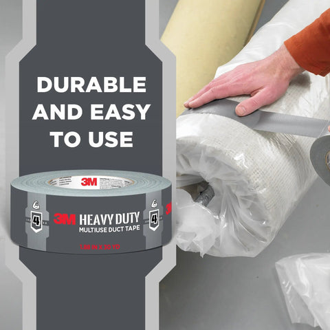Person using White Duct Tape for Every Job with Tough as Nails Grip, Industrial Strength Adhesive on a plastic-covered roll.