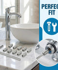 Bathroom sink with faucet next to Pro Grade Stainless Steel Set Screw Kit For Kitchen Faucets And One Handle Lavatory, Includes 5 Screws And Hex Wrench, 304 Stainless Replacement Hardware For Quick Faucet Repair.
