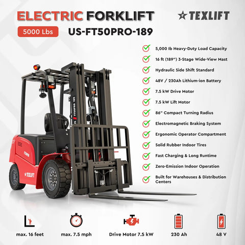 No Sweat Heavy Duty Electric Forklift Featuring Side Shift, 5000 Lb Capacity, 16 Ft Lift Height, Three Stage Mast, 48v Lithium Battery, Solid Tires For Serious Warehouse Work