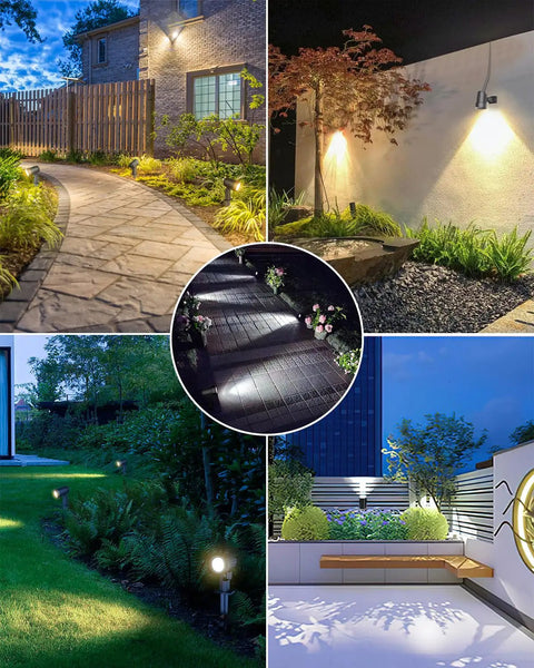 Various scenes illuminated by Six In One Solar Spotlight Kit For Landscape And Garden IP66 Waterproof Outdoor Lighting With Remote