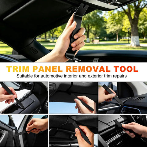 Hands using 10 Piece Auto Trim Removal Tool Kit With Plastic Pry Tools And Clip Pliers For Car Panels Dash Door Clips And Upholstery Scratch Free Rivet Clip Removal Set Pro Grade on car interior.