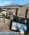 Next Gen Pro Drone With 4K Camera 360 Obstacle Avoidance showing touchscreen controller with Android system and Google integration.