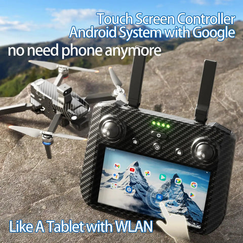 Next Gen Pro Drone With 4K Camera 360 Obstacle Avoidance showing touchscreen controller with Android system and Google integration.