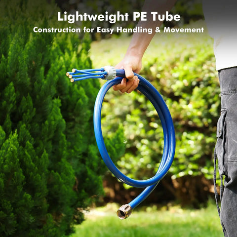 Person holding adjustable outdoor standing misters for patio cooling with four directional nozzles and six-foot flexible hose