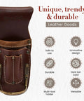 5 Pocket Pliers and Hammer Holder Leather Tool Pouch in Full Grain Dark Tan shown with features like durability and innovation.
