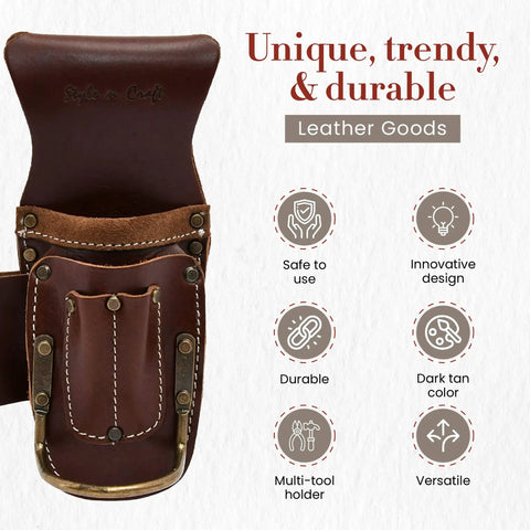5 Pocket Pliers and Hammer Holder Leather Tool Pouch in Full Grain Dark Tan shown with features like durability and innovation.