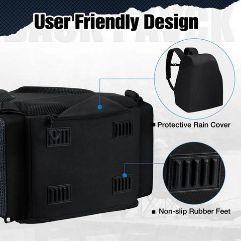 Fishing Tackle Backpack With Rod Holders And Four Tackle Boxes, Outdoor Gear Bag showing protective rain cover and rubber feet