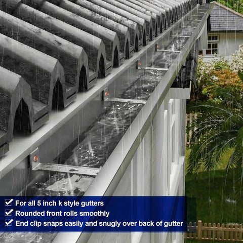 Rain cascading through 25 Pack 5 Inch Hidden Gutter Hangers Clip Style With Screws For Standard K Style Aluminum Gutters Bracket Heavy Duty Clip Hooks To Repair And Fix Gutters Fast And Easy installed on roof