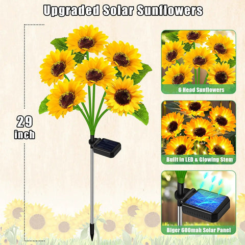 Solar Garden Lights Floral LED Outdoor Decor Waterproof with 6 sunflower heads and built-in LED on a 29-inch stake.