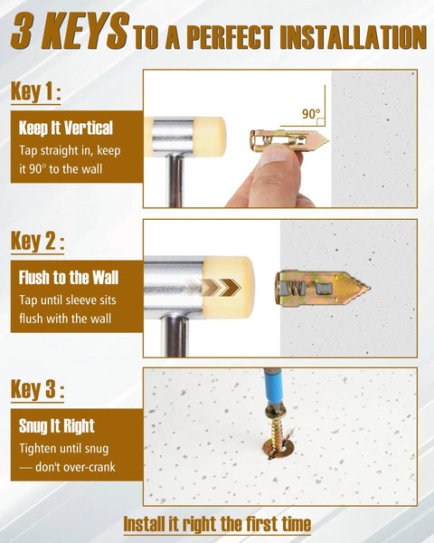 Heavy Duty Self Drilling Drywall Anchors And Screws Kit With 180 Pieces In One Case 90 Anchors And 90 Screws 0.47 X 1.18 Inch Hollow Wall Fasteners For Picture Frames Shelves And Wall Decor. Installation guide showing 90° tapping, flush fit, and snug tightening on drywall.