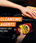 Hand cleaning car door with Leather Care Gel For Cars Trucks And Motorcycles Interior Cleaner And Conditioner 18 fl oz