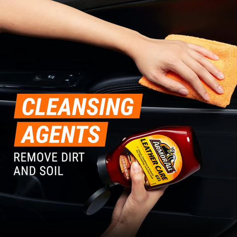 Hand cleaning car door with Leather Care Gel For Cars Trucks And Motorcycles Interior Cleaner And Conditioner 18 fl oz