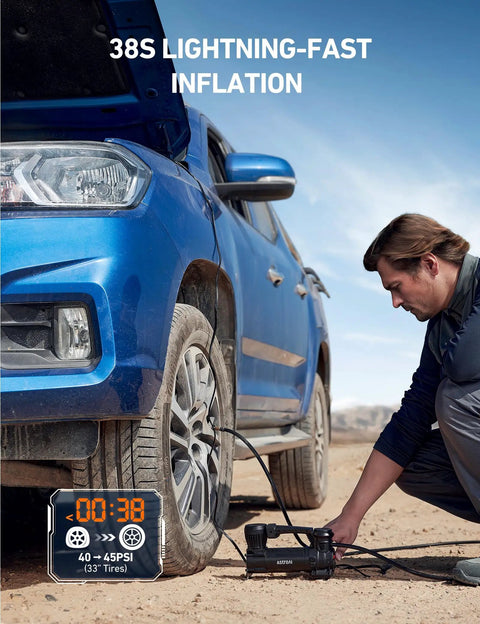 Heavy Duty 12V Air Compressor Portable Tire Pump Dropping A Solid 120 Psi Blast With Built In Led Lantern And Alligator Clamps Trail Ready For Trucks Suvs And Rv Built Like A Tank To Swallow 33 Inch Tires, man using pump on truck tire.