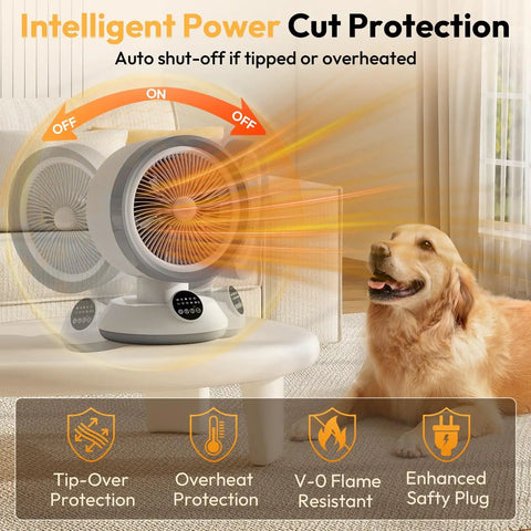 2 In 1 Heater And Fan Portable Space Heater with 60 Degree Oscillation for indoor use with intelligent power cut protection, dog nearby