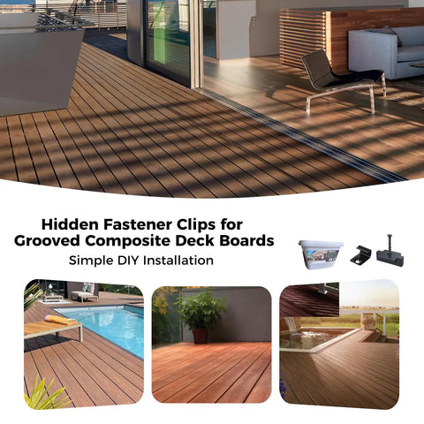 Top Shelf Hidden Deck Fasteners for Composite Boards with 120 Preloaded Nylon Clips and Heavy Duty Stainless Steel Screws. Hidden fastener clips on composite deck.