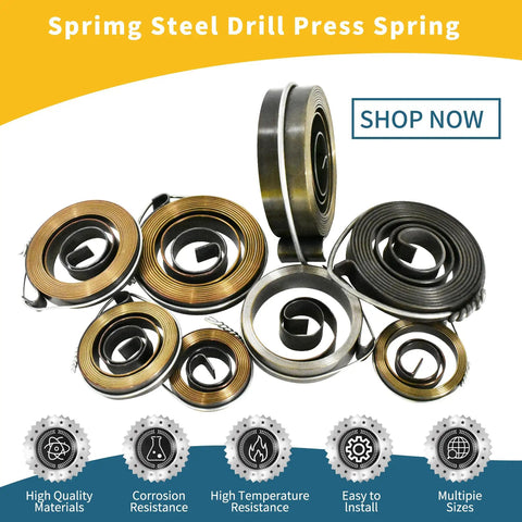 Three Pack Drill Press Return Spring Set displayed with various sizes emphasizing spring coiled design