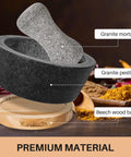 6 Inch Granite Mortar And Pestle Set With Anti Scratch Wood Base, Heavy Duty Grinder For Spices And Herbs, Black Kitchen Essential