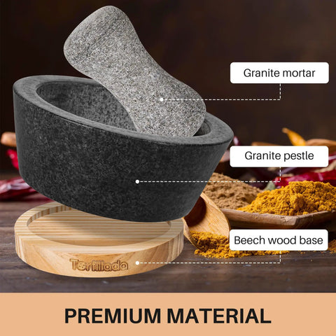 6 Inch Granite Mortar And Pestle Set With Anti Scratch Wood Base, Heavy Duty Grinder For Spices And Herbs, Black Kitchen Essential