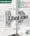 Top Shelf Full Overlay Kitchen Cabinet Door Hinges 10 Pack 105 Degree Frameless Concealed Soft Close Adjustable Mounting Hardware For Older Homes No Sweat Quick Swap Install detailed hinge dimensions diagram.