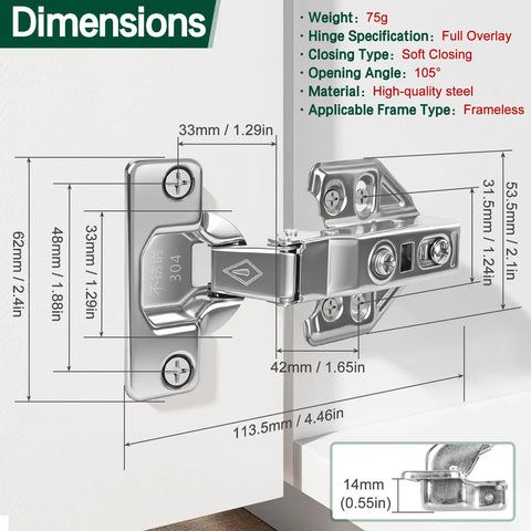 Top Shelf Full Overlay Kitchen Cabinet Door Hinges 10 Pack 105 Degree Frameless Concealed Soft Close Adjustable Mounting Hardware For Older Homes No Sweat Quick Swap Install detailed hinge dimensions diagram.