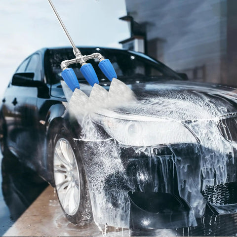 3-In-1 Turbo Nozzle For Pressure Washer With 360 Degree Rotating Jet Streams That Clean Tough Grime Fast And Make Scrubbing Way Easier, 4000 PSI, 4-6 GPM, 1 Quarter Inch Quick Connect, 2.0 Orifice, Blue spraying car with foam
