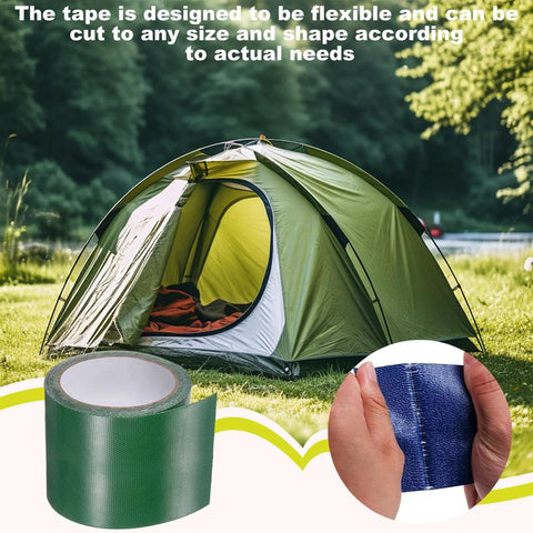 Tent Repair Tape Waterproof Nylon Adhesive Patch with green roll, ideal for quick fix on camping tent and fabric repair.