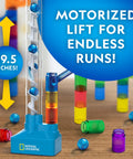 Motorized Marble Run With Elevator And Spiral Lift, 95 Piece STEM Toy Kit For Kids And Teens displayed with marbles.