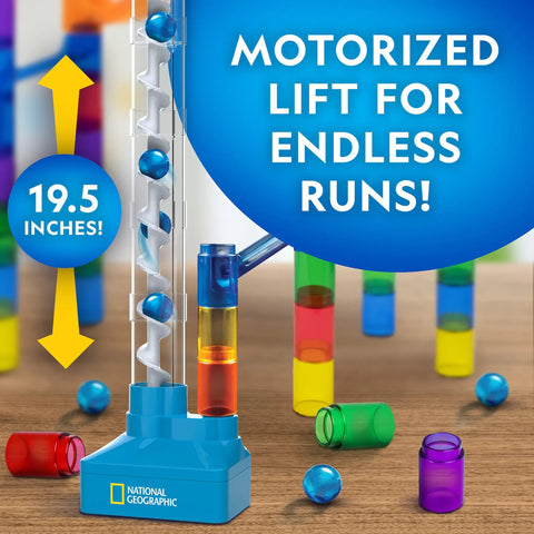 Motorized Marble Run With Elevator And Spiral Lift, 95 Piece STEM Toy Kit For Kids And Teens displayed with marbles.