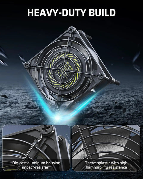 Built Like A Tank Waterproof Exhaust Fan 80mm 2 Pack showcasing die-cast aluminum housing and thermoplastic material.