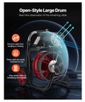 Open-style large drum of Rock Solid 100 Ft Drain Cleaner Machine showing cable and motor, designed for easy visibility and prevention of tangles.