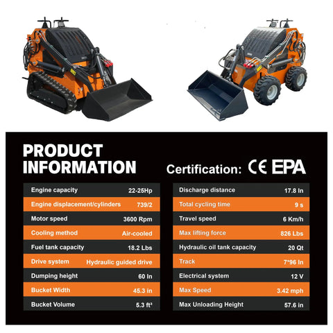 Beast 23HP Mini Skid Steer Loader With Tracks, 840 Lb Lift, RATO Engine, air cooled, product info with CE EPA certification