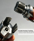 Close-up of Essential 3 Piece PVC Pipe Threading Tool Kit showing precision metal threading bits for electric drills.