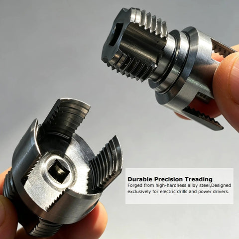 Close-up of Essential 3 Piece PVC Pipe Threading Tool Kit showing precision metal threading bits for electric drills.