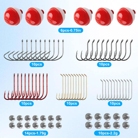 80 Piece Beginner Fishing Tackle Kit With Bobbers Hooks Sinkers And Weights In A Handy Portable Tackle Box For Freshwater And Saltwater Fishin And Trout Bass Panfish Catfish showing bobbers, hooks, and weights